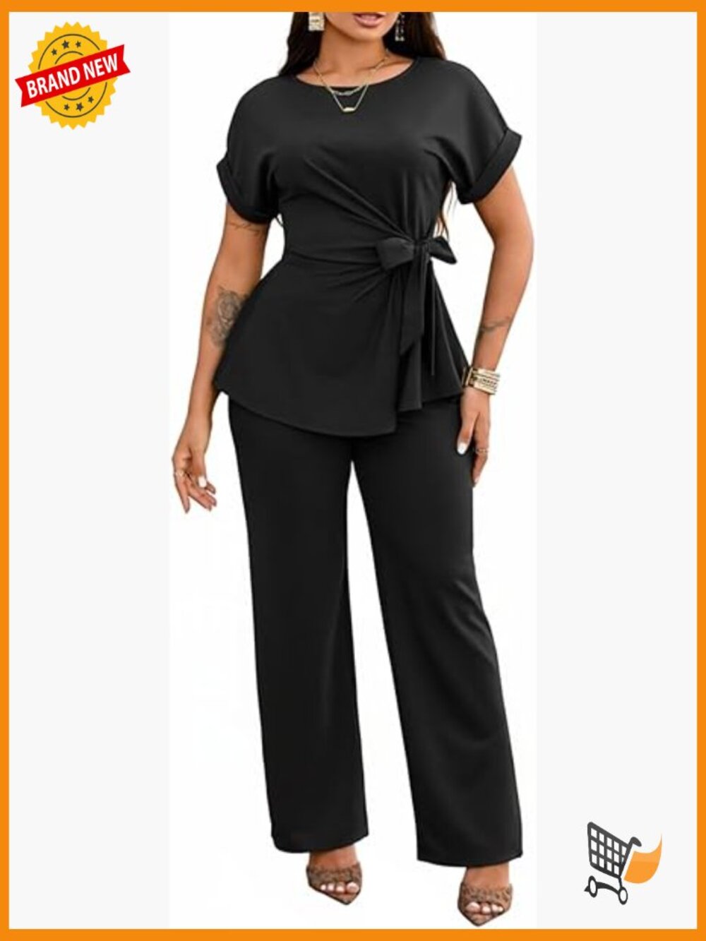 Women's 2 Piece Suit Set with Peplum Top and Flared Pants
